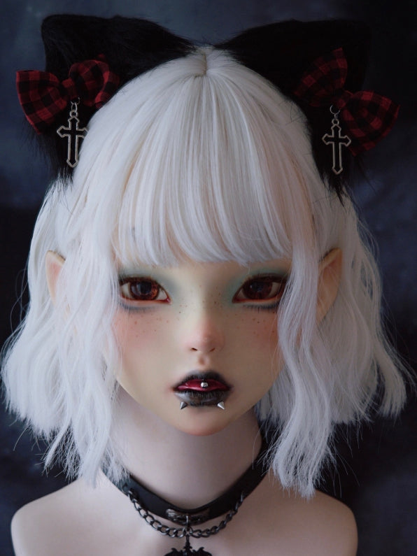 Plaid Black Ear Cat Red With Clip Bowknot Pattern