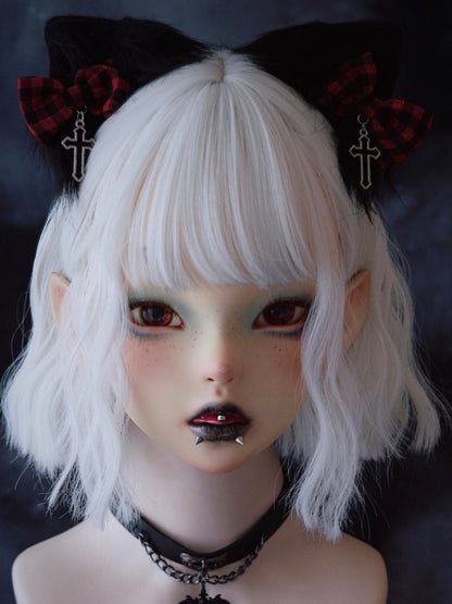 Plaid Black Ear Cat Red With Clip Bowknot Pattern