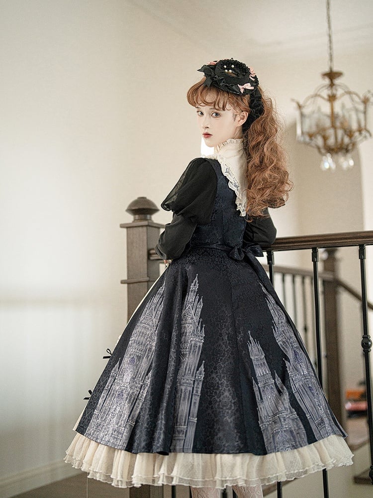 Print and Lolita Hem with Gothic Dress Black Beige Long-Sleeve Ruffled Church