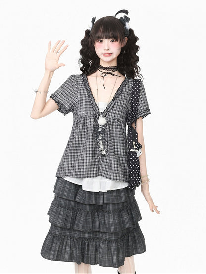 Gray Plaid V Neck Short Sleeve Top - Languid Park