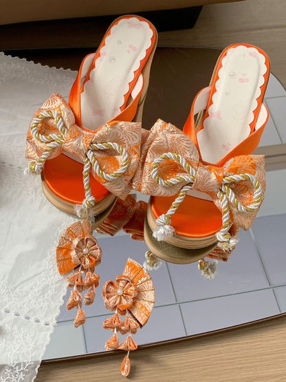 Orange Wa Lolita Clogs with Big Bow and Floral Accents - Aimee