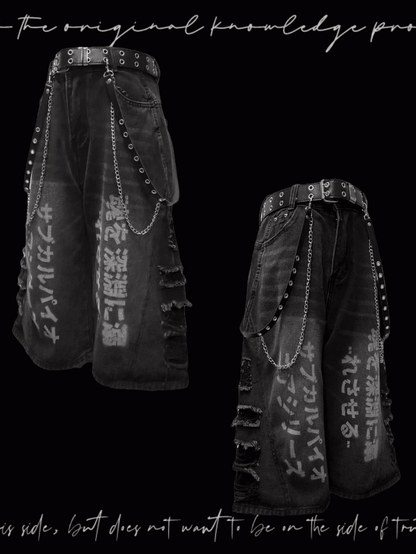 穴あき裾パンクフェードウォッシュダメージ加工ダークワイドレッグジーンズグレー