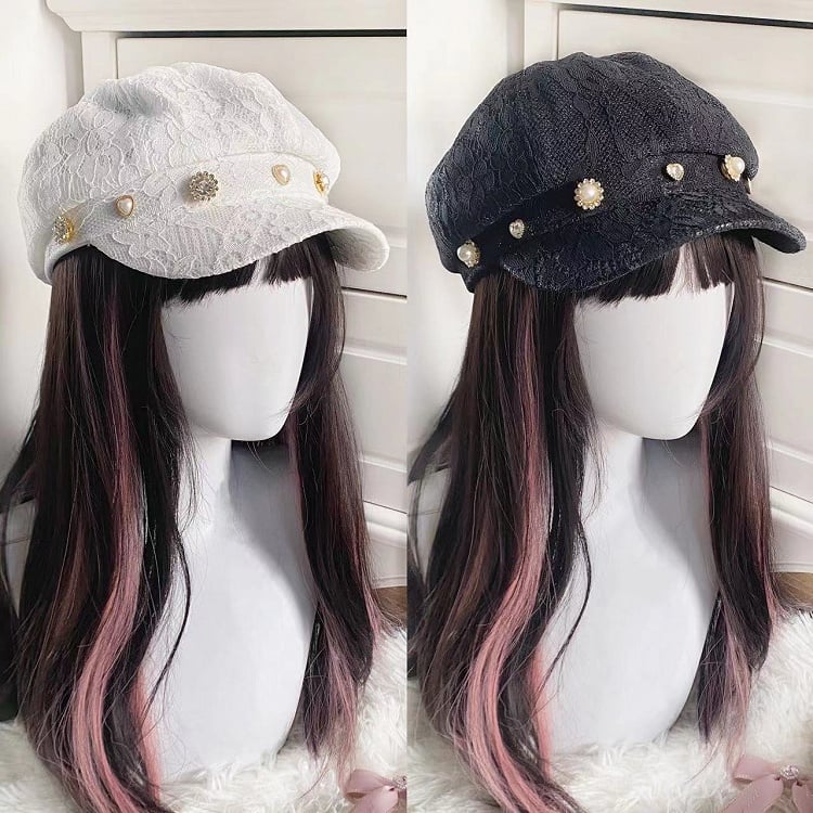 Bead Kei Black Eight-panel Embellishment Hat with Beret Rhinestone Lace Jirai