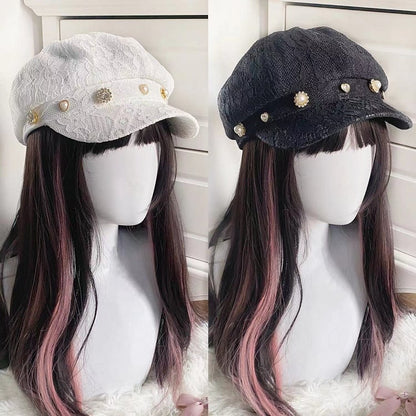 Bead Kei Black Eight-panel Embellishment Hat with Beret Rhinestone Lace Jirai