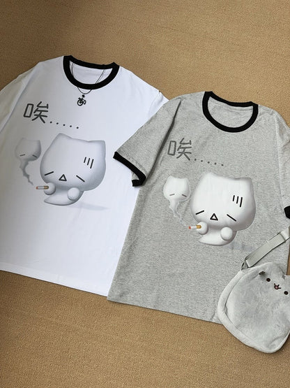 T-shirt Kitty with Cotton Sighing White Neck Print Crew