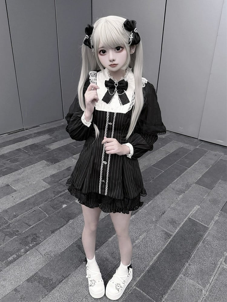 Black Jirai Kei Striped Long-Sleeve Dress with Lace Mesh Cape, Bow Tie & Shorts Set - Puppet Bombs