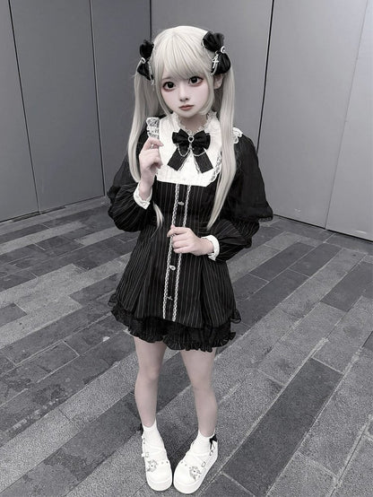 Black Jirai Kei Striped Long-Sleeve Dress with Lace Mesh Cape, Bow Tie & Shorts Set - Puppet Bombs