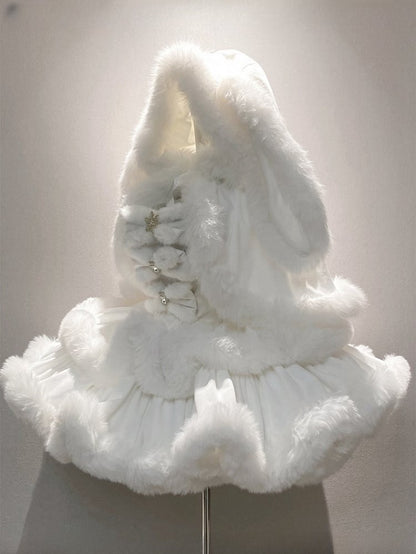 White Sweet Winter Lolita Hooded Cape with Oversized Plush Bunny Ears