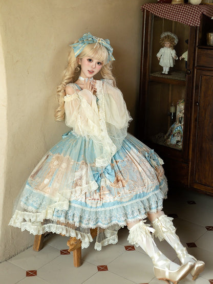Print Full Lolita Set Classic Elegant Unicorn Blue Dress JSK