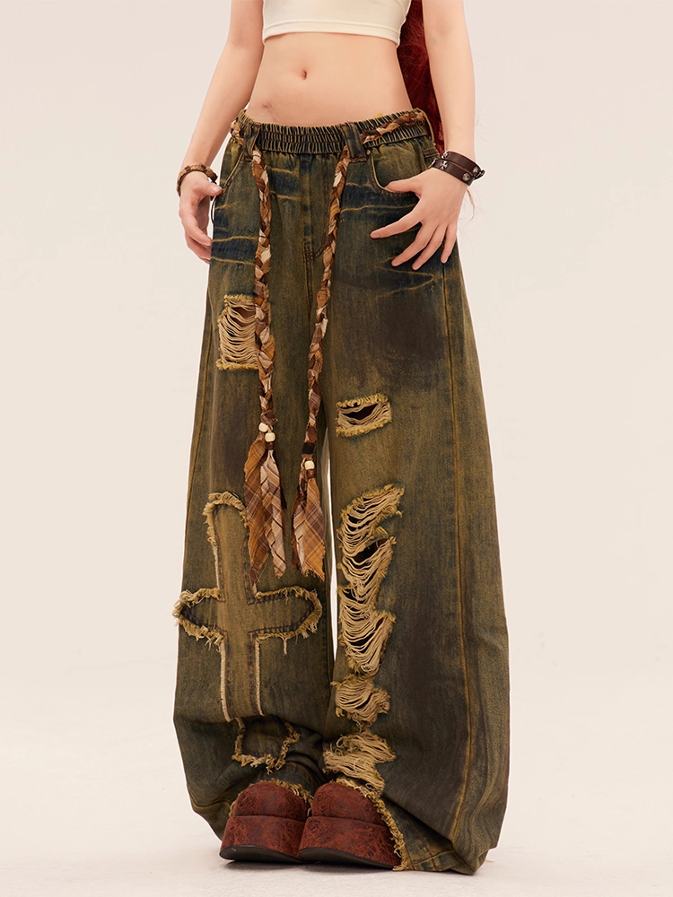 Blue Wasteland Punk Cross Applique Distressed Holes Low Rise Vintage Wide-leg Jeans