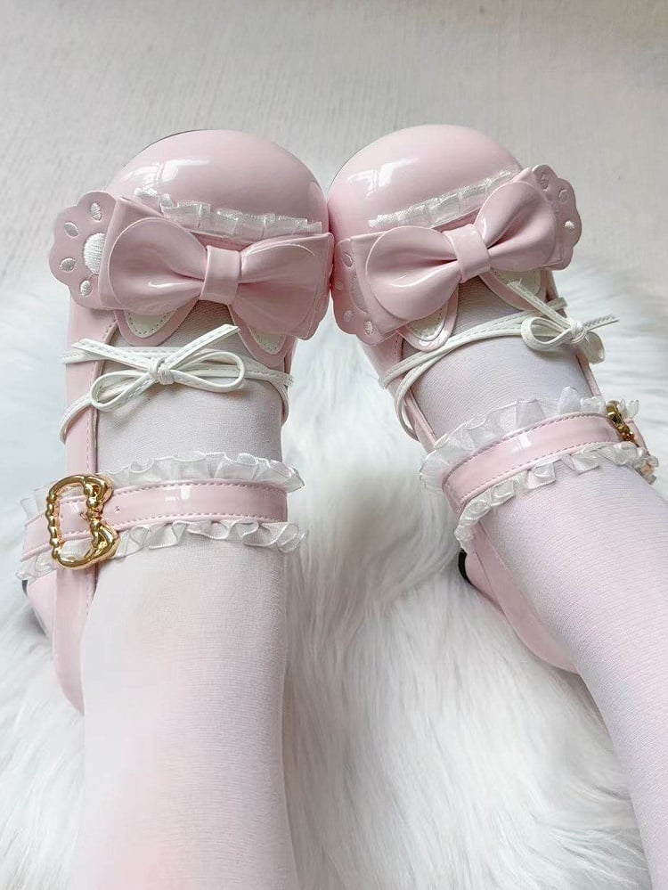 Round-toe Paw Details with Pink Cat Heel Sweet Heels in Cat-themed Lace Bow Lolita Mid