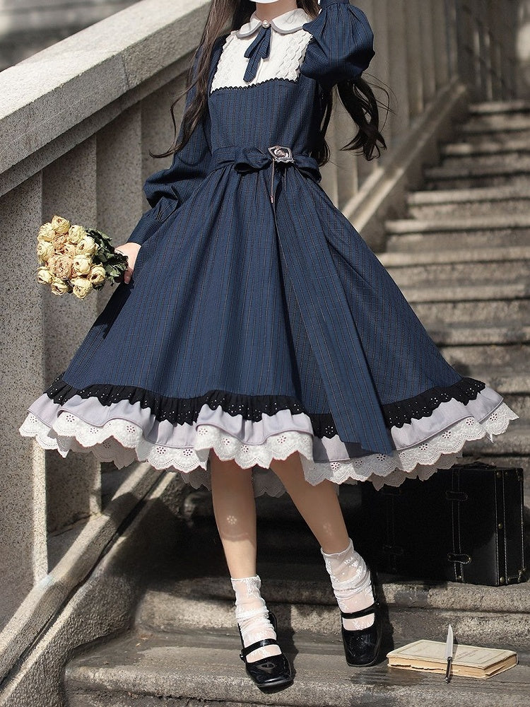 Ärmel Ein Blaues Klassisches Plaid mit Elegantem Lolita Long in Piece Taillengürtel Navy