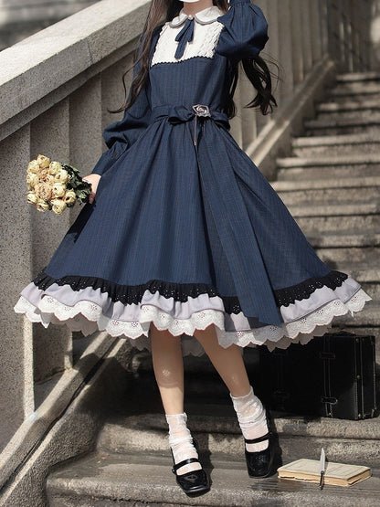 Ärmel Ein Blaues Klassisches Plaid mit Elegantem Lolita Long in Piece Taillengürtel Navy