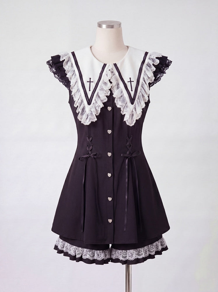 Black Jirai Kei Summer Two-Piece Set with Detachable White Cross Sailor Collar - DevilInspired Exclusive Collection