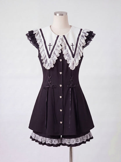 Black Jirai Kei Summer Two-Piece Set with Detachable White Cross Sailor Collar - DevilInspired Exclusive Collection