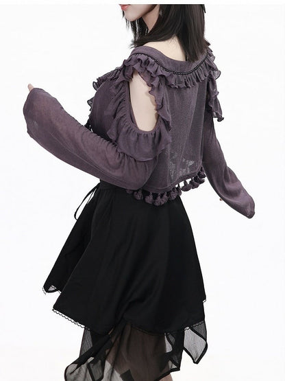 Purple Cutout Shoulder Knit Crop Top with Ruffle - PINK SAVIOR
