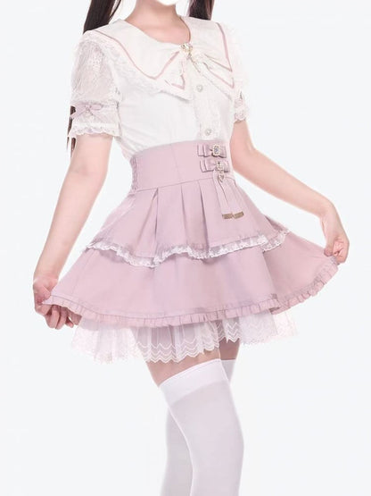 Blouse with Pink White Bowknots and Crown Brooch Jirai Kei Bowknot Collar