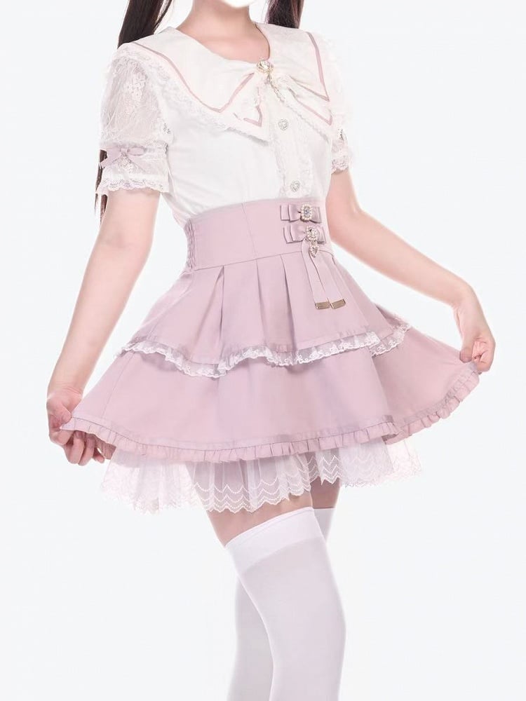 Bowknot Pink High Waist Jirai Kei Tiered Skirt Accents Rhinestone with