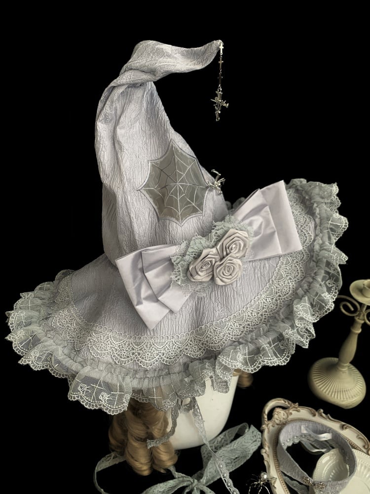 Silver Gray Gothic Witch Hat with Spiderweb, Roses and Bow
