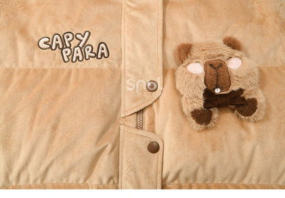 Khaki Cute Capybara Adorned Hooded Down Jacket Detachable Hood