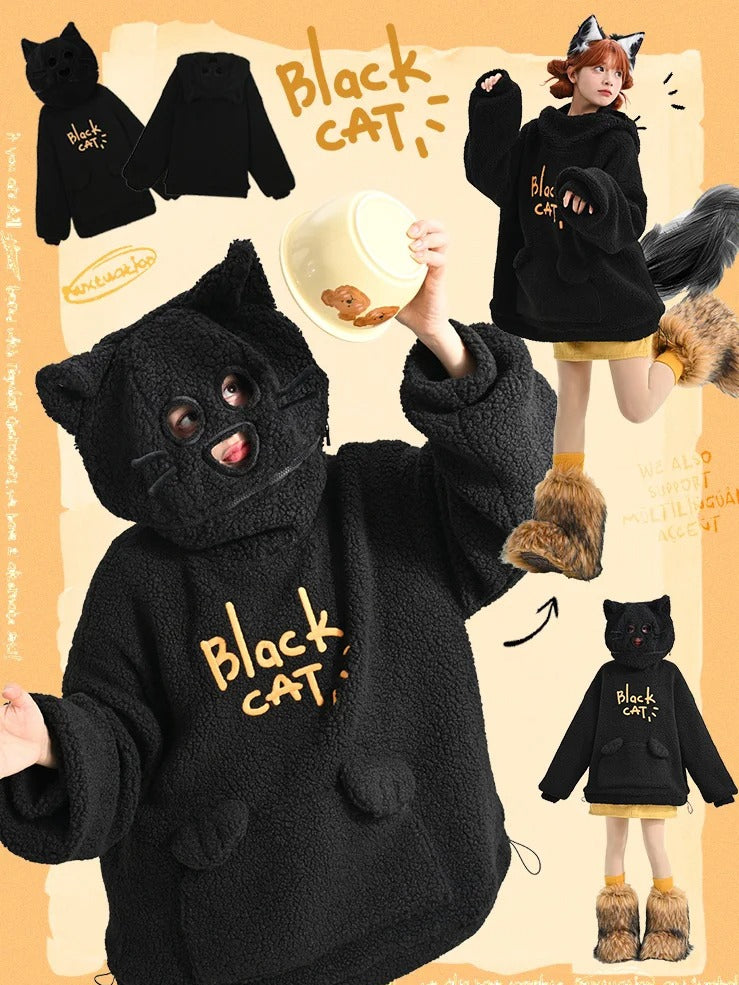 Black Cat Head Hood Fleece Hoodie