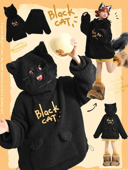 Black Cat Head Hood Fleece Hoodie