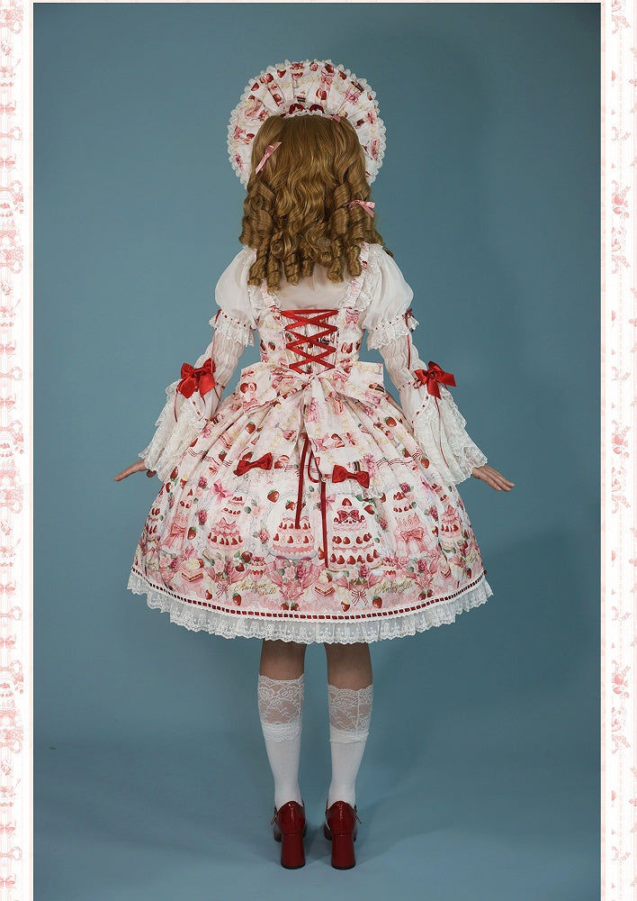 Sweet Bow JSK Full Lolita Accents Print / Weiße Desserts und Set Erdbeere
