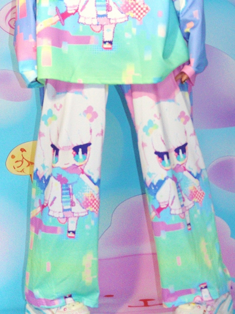 Y2K ストレートレッグ カラフルプリント カートゥーンパンツ カット