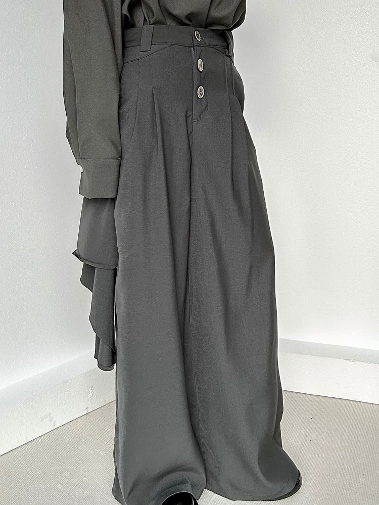 Gray Draped Fly Ouji High-Waisted with Panel Pants Wide-Leg Three-Button Lolita
