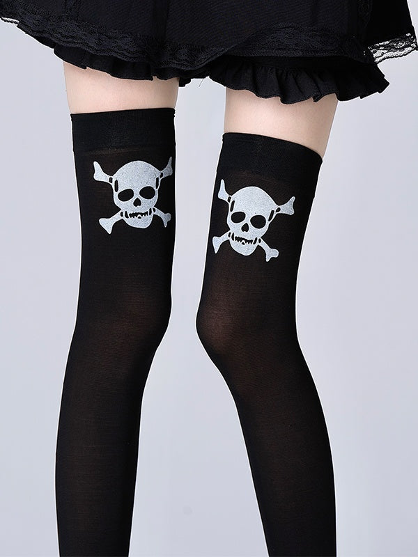 Over Skull Knee Stockings Black/White Print