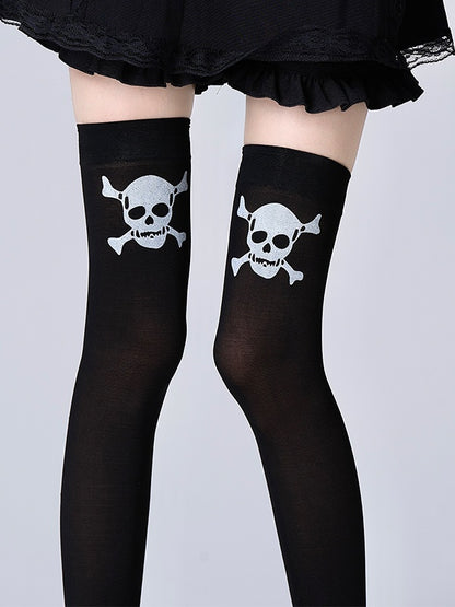 Over Skull Knee Stockings Black/White Print
