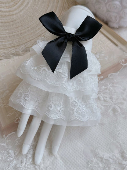 Pink/White/Black Bow Wrist Three-layered Cuffs Lace