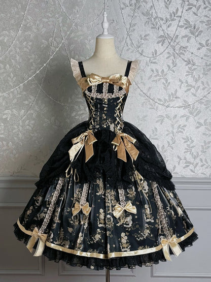 Taillenüberzug Lolita und Kordelzug Pulloverrock Korsett Schwarz Gold