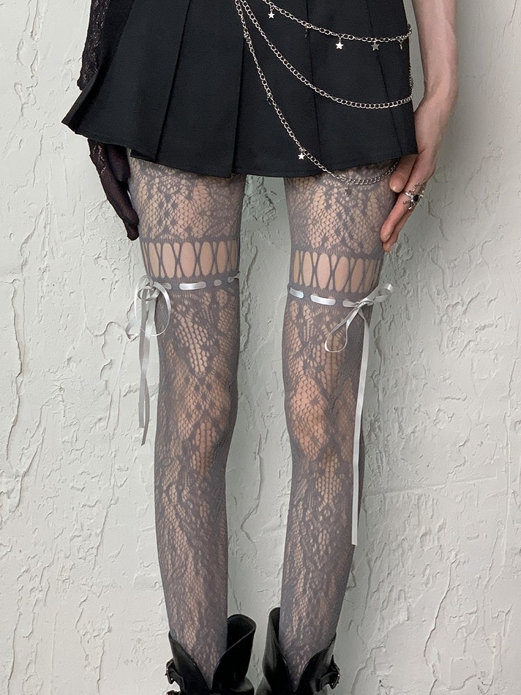 Ausgeschnittene Strumpfhosenträger zum Selbstbinden in Kaffee/Grau/Schwarz/Weiß/Lila/Blau im Y2K-Stil mit Blumenmuster