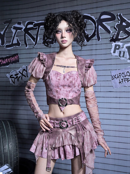 Pastel Rhinestone Cami Y2K Sequin Denim Buckle Top Punk Heart with Belt Pink