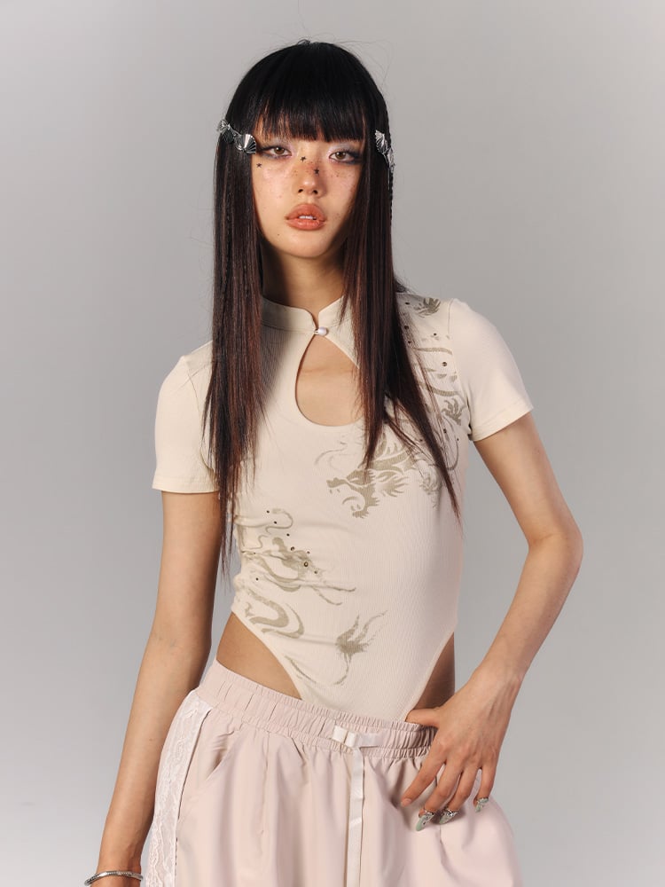 Sleeve Motif with Teardrop Cheongsam Cutout Bodysuit Apricot Short Dragon
