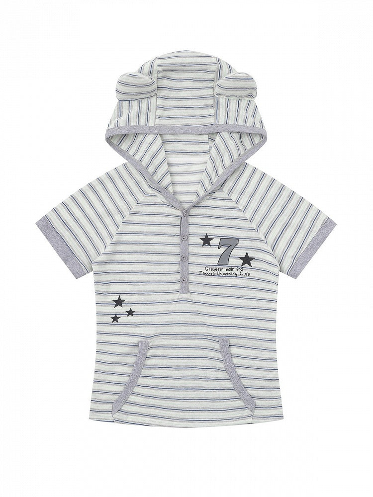 Gray Striped Short Sleeve Hoodie with Kitty Ears - Languid Park