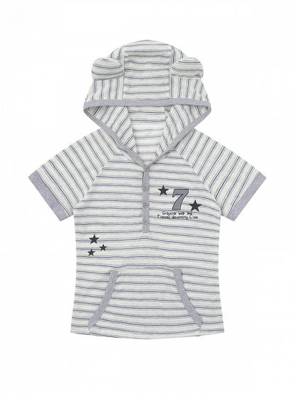 Gray Striped Short Sleeve Hoodie with Kitty Ears - Languid Park