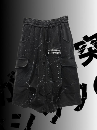 デザインパンツ ブラック アシンメトリー カーゴ パンク ウェイストランド プリント ワイドレッグ