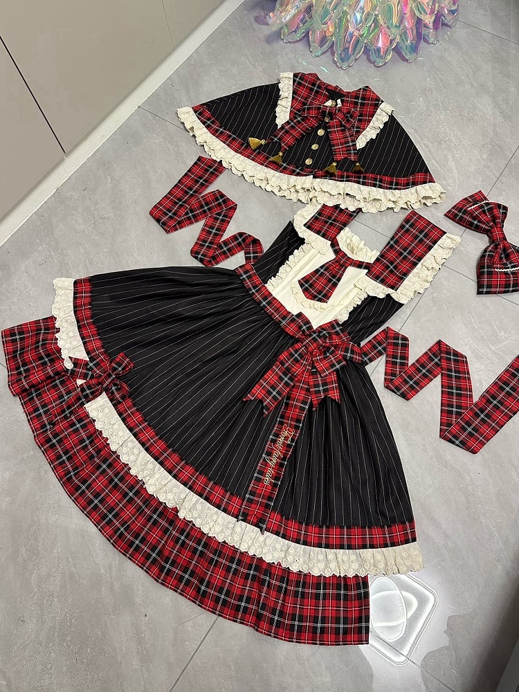Robe à carreaux rouges et rayures noires, col amovible et jupe pull Lolita à nouer