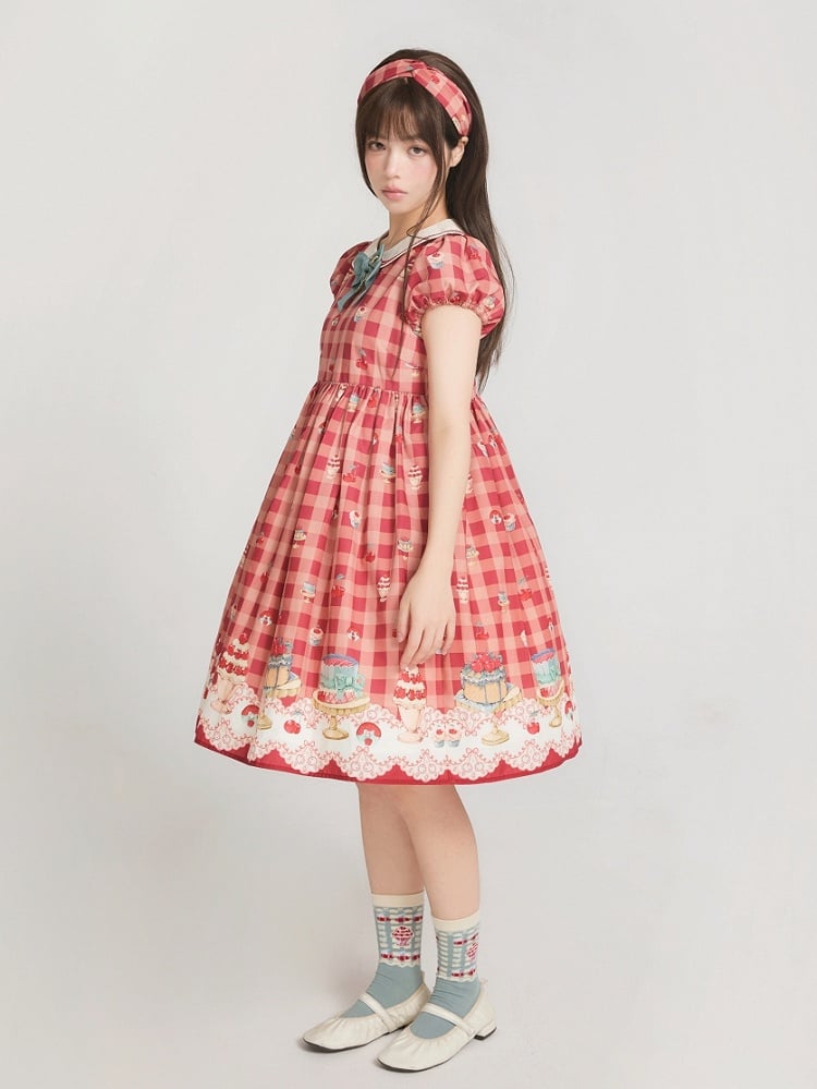 Rotes, hoch tailliertes Lolita-Kleid mit Kirsch- und Dessert-Gingham-Muster