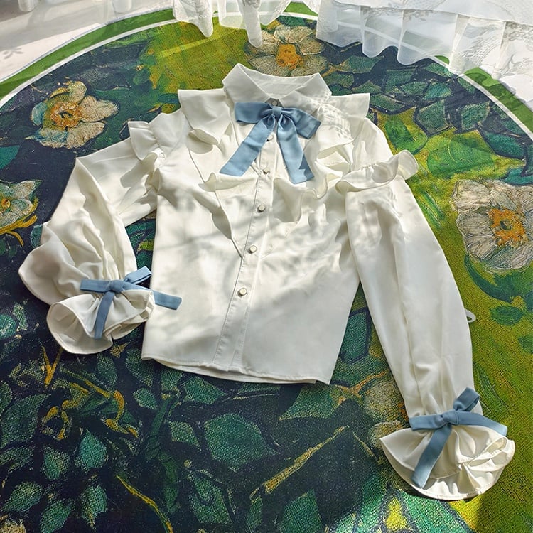 Bow Blue Tie Ruffled Detachable with Blouse Elegant White