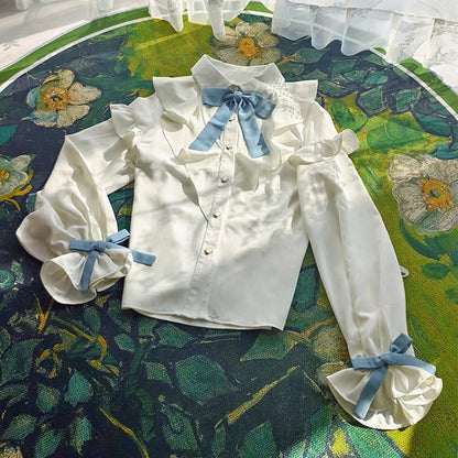 Bow Blue Tie Ruffled Detachable with Blouse Elegant White