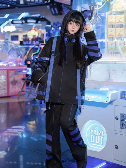 Jacket Ear Blue-Purple Cyber Futuristic Kitty Fashion Techwear Hooded Windbreaker