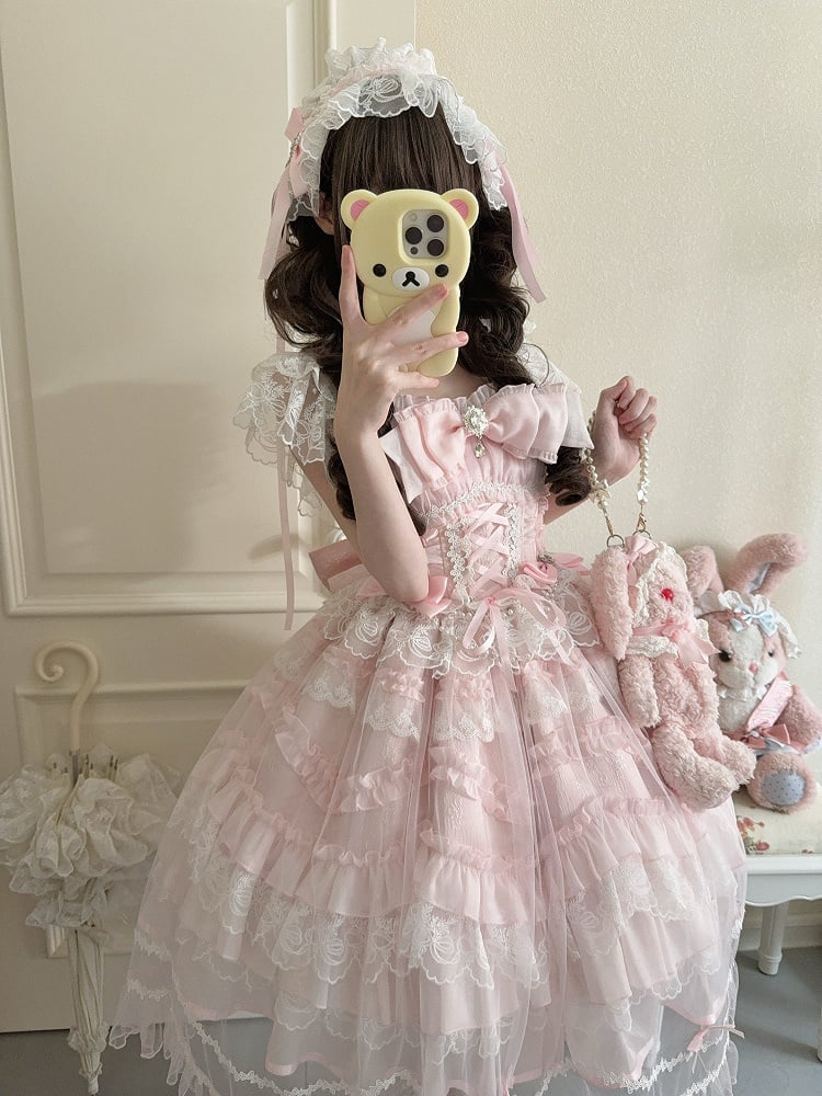 Sweet Multi-Layer Lace Overlay / Full + Lolita Dress Rhinestone Set Pink JSK Hanayome-Style Details with Bows