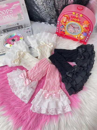 Rosa/Weiß/Schwarz Spitzenbesatz Schleife Gestrickte Abgesetzte Ärmel