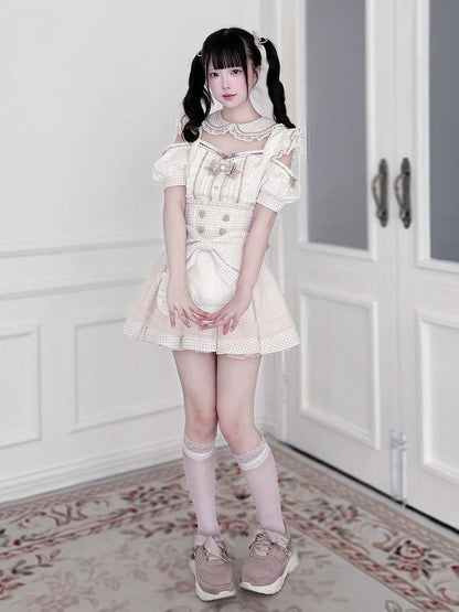 Maid Style Pink & White Landmine Cutout Shoulder Short Sleeve Top with Detachable Apron Skirt - Shi Zhai Xin