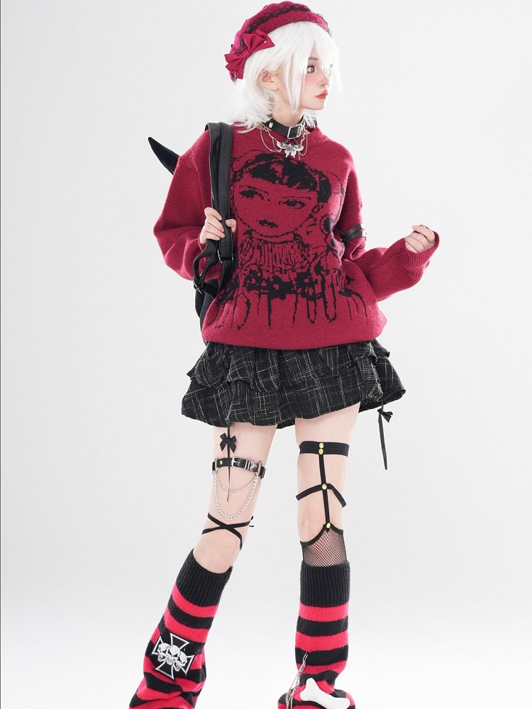 ワインレッド/ブラック Y2K ガール柄セーター（フリーチョーカー付き）