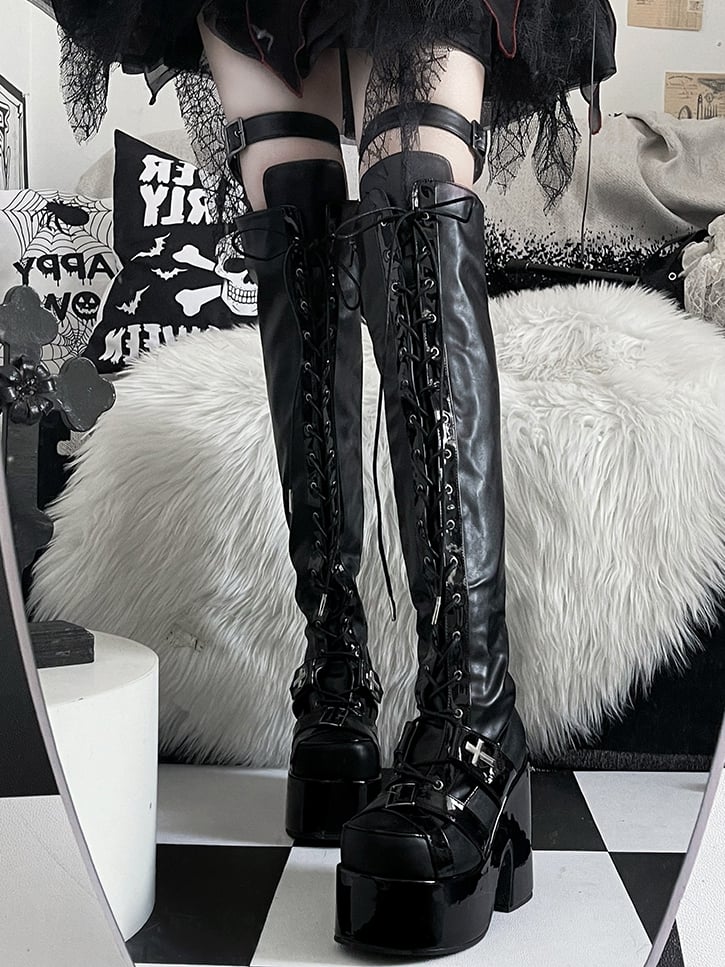 Matte Black Front Lace-up Ties Buckle Straps Heel Platform Thigh-high Boots