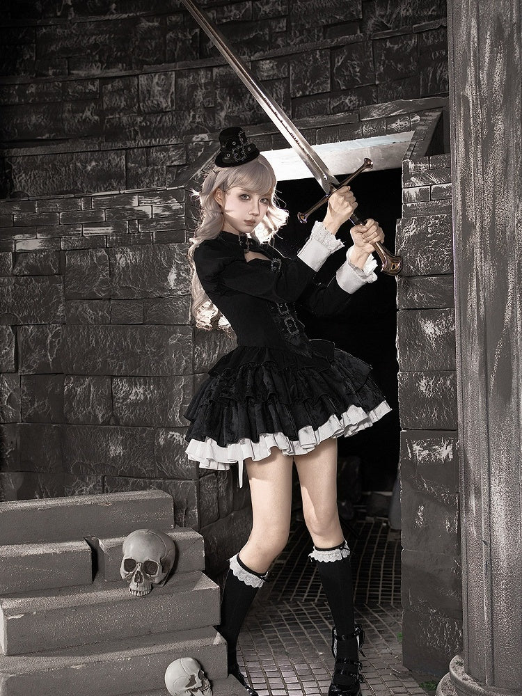 Gothic Lace-Up Lolita OP Gown with Metal Buckle, Short Version and Mini Hat Set - With PUJI